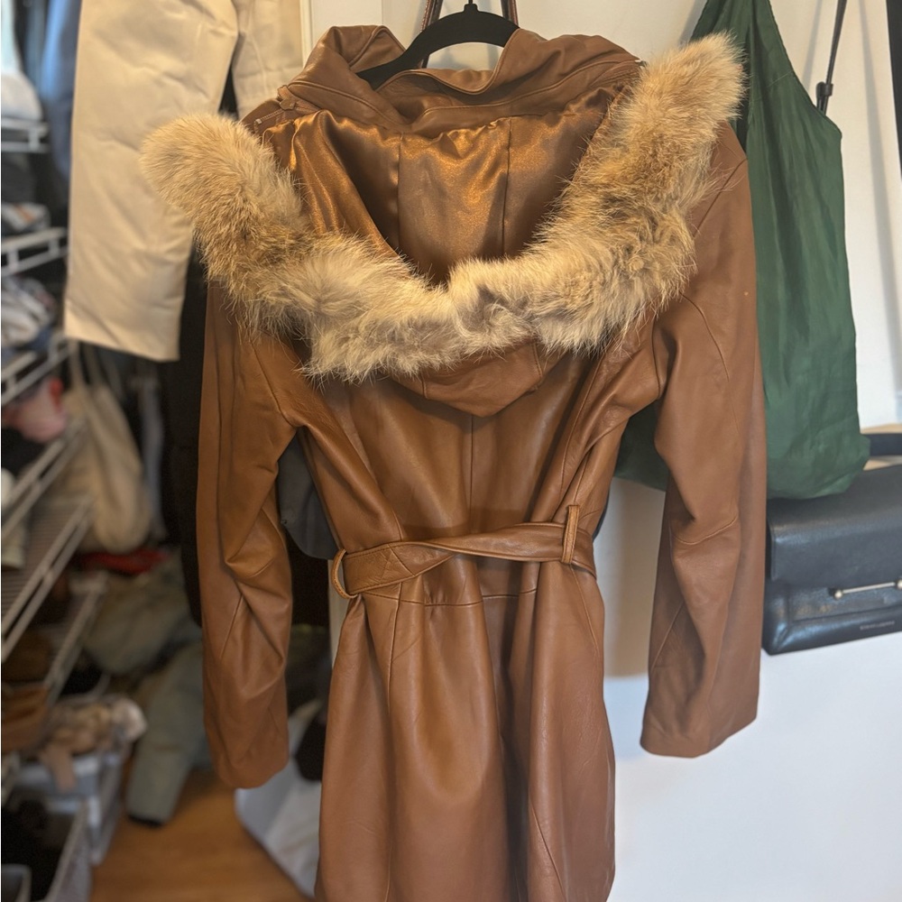 Brown Real Leather and Real Fur Trim Hooded Women's Coat Vintage 90s